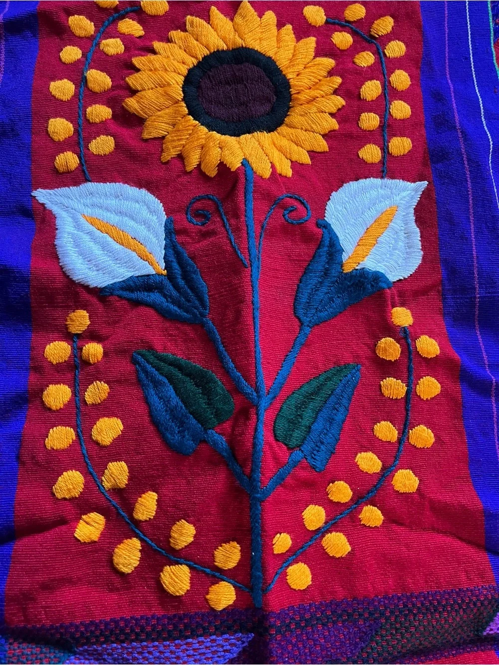 Mexican Handmade Embroidered Table Runner Sun Flowers Calla Lillies Vintage